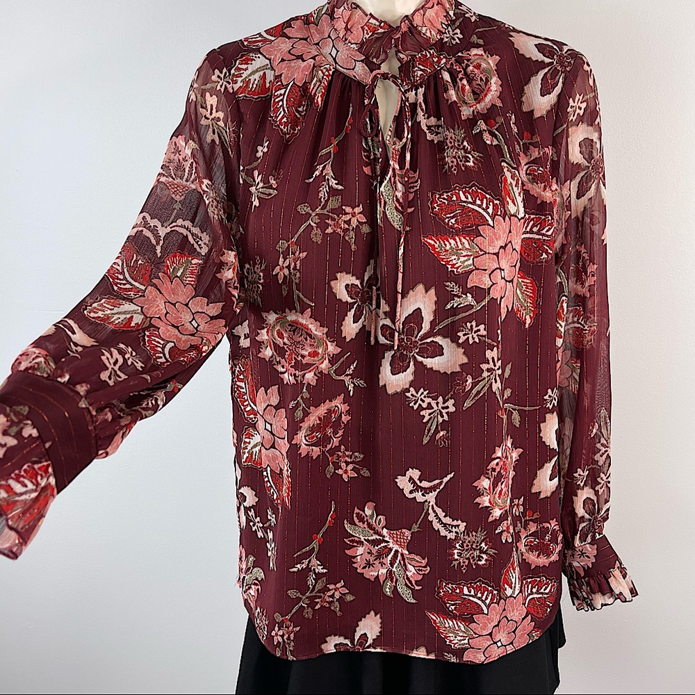 VIOLET + CLAIRE blouse floral metallic striped keyhole long sleeves red cream L